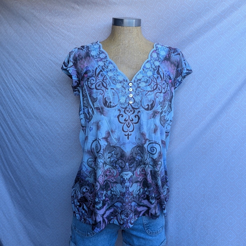 Unity World Wear Short Sleeve Top Women Blue Excellent Boho Lace V-Neck Henley